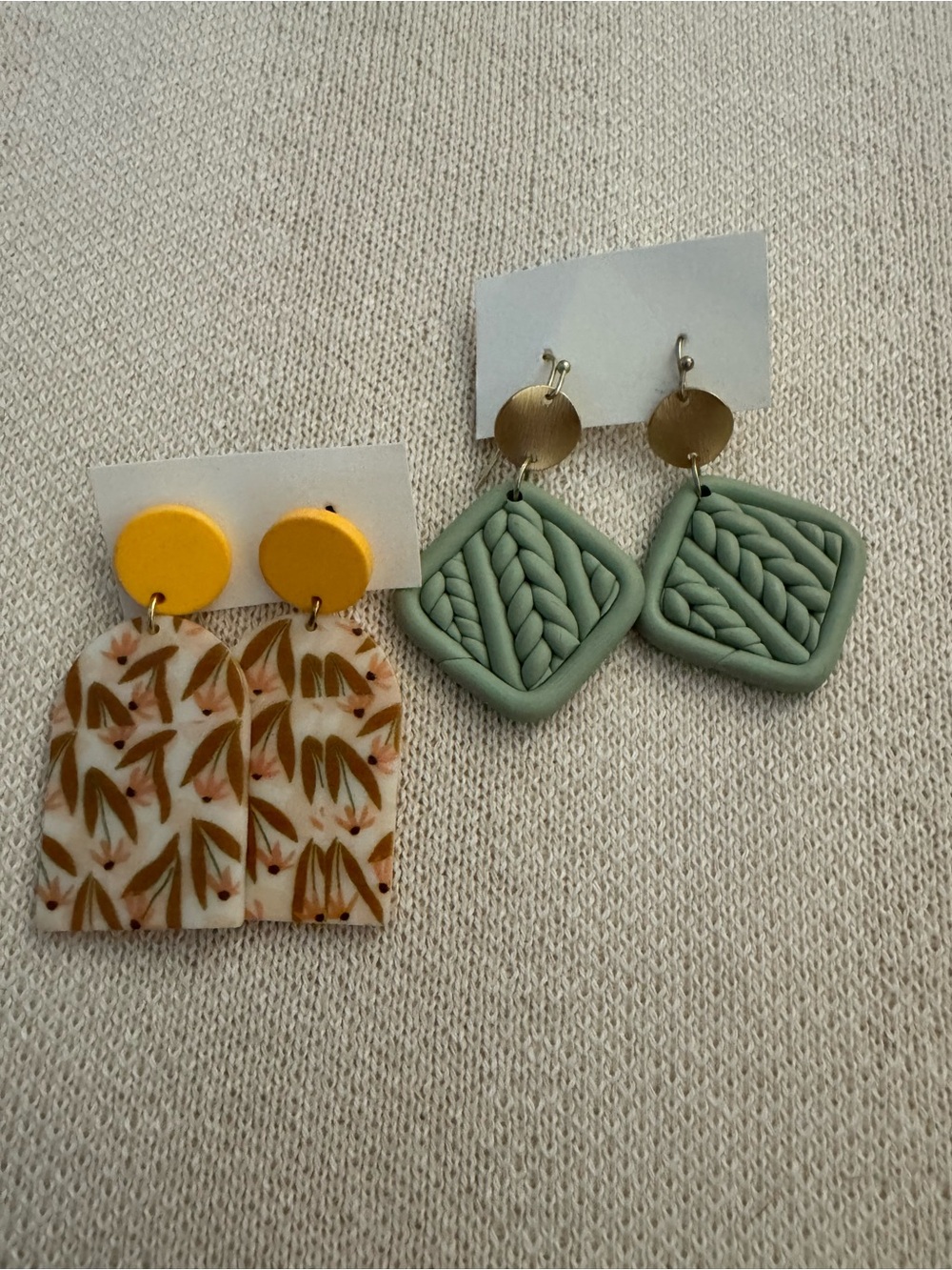 Handmade Polymer Clay Statement Earrings - Sage Green & Mustard Pattern